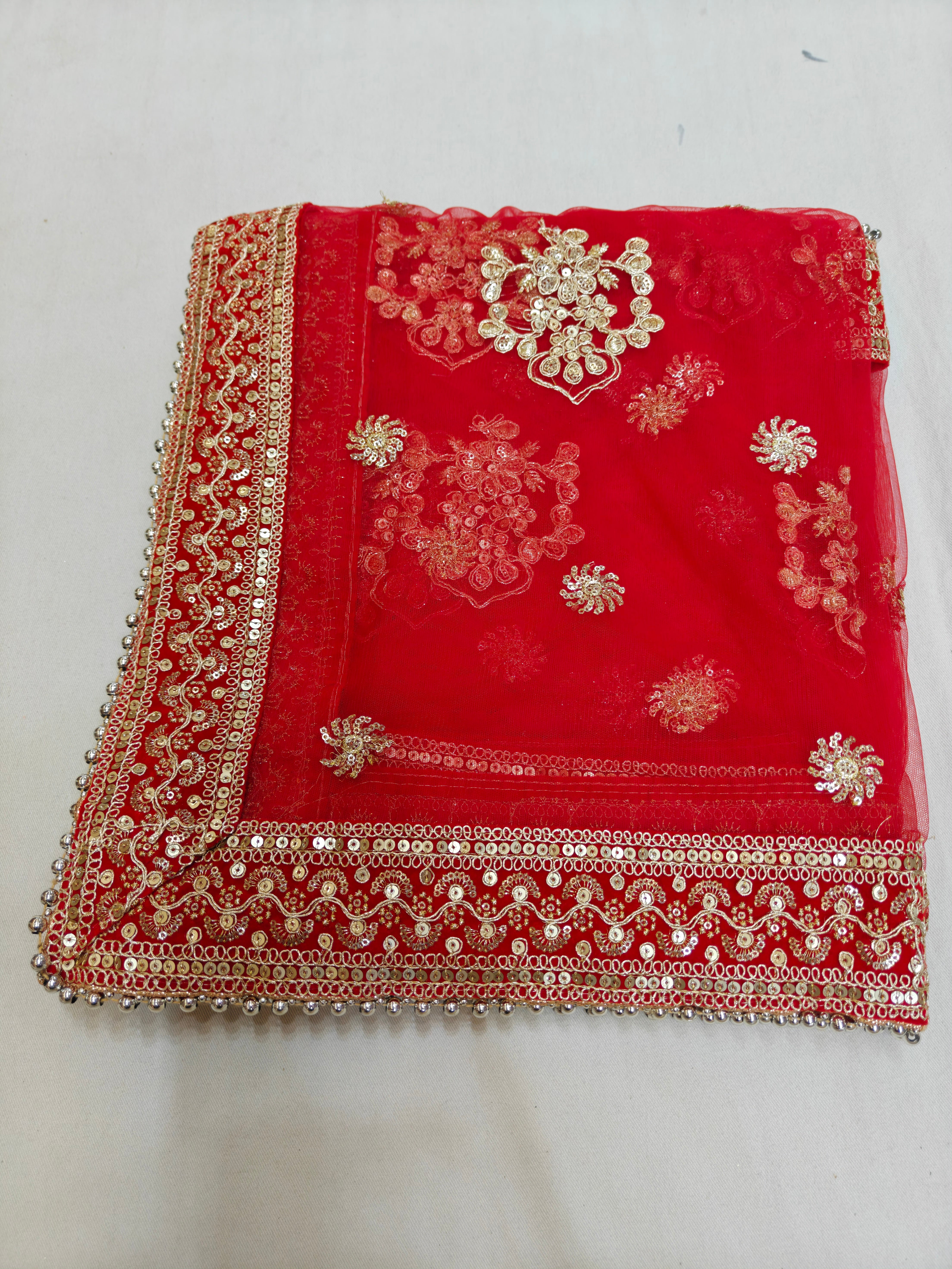 Royal Red Heavy Net Bridal Dupatta with Velvet Zari & Sequin Border