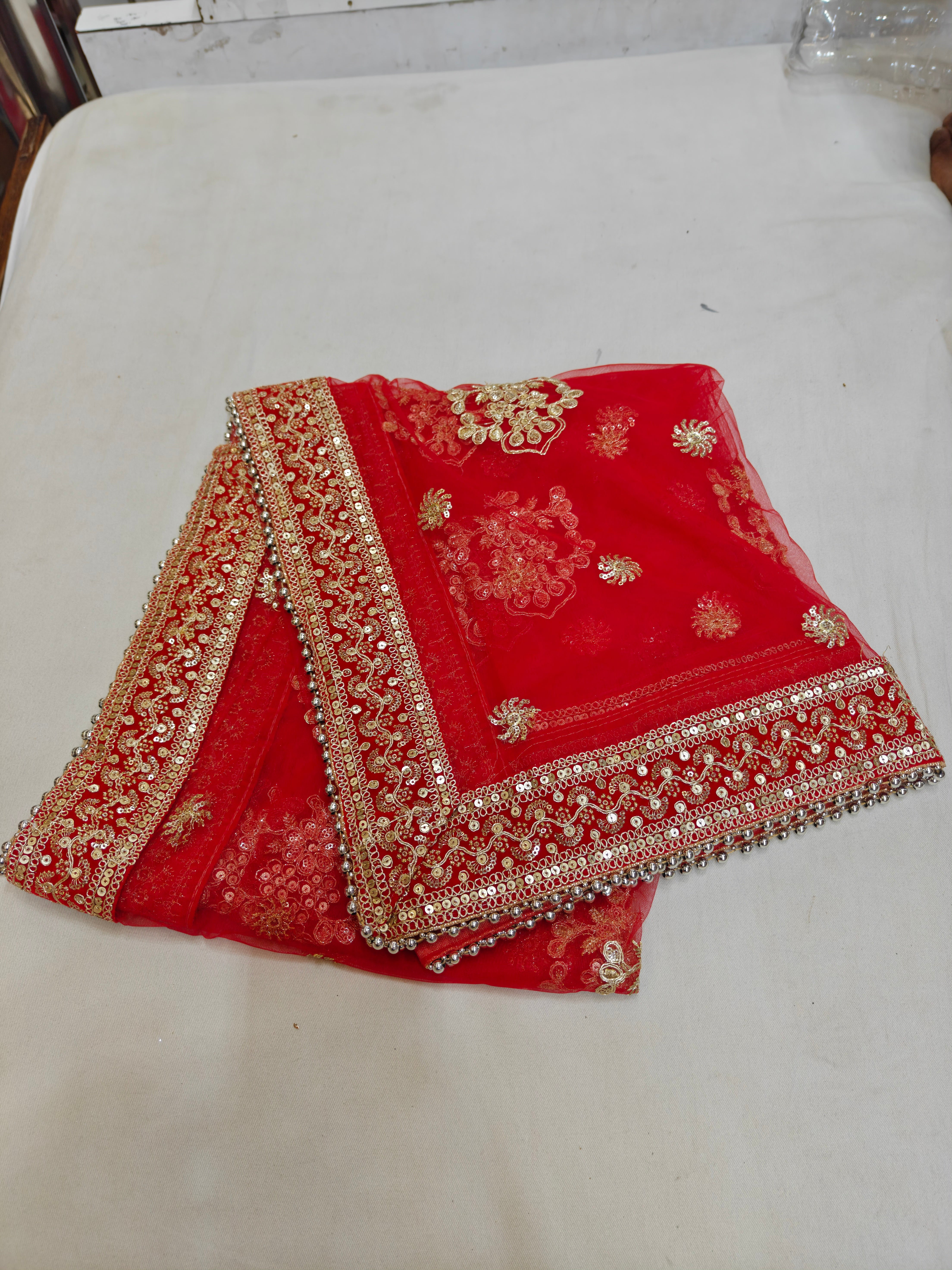 Royal Red Heavy Net Bridal Dupatta with Velvet Zari & Sequin Border