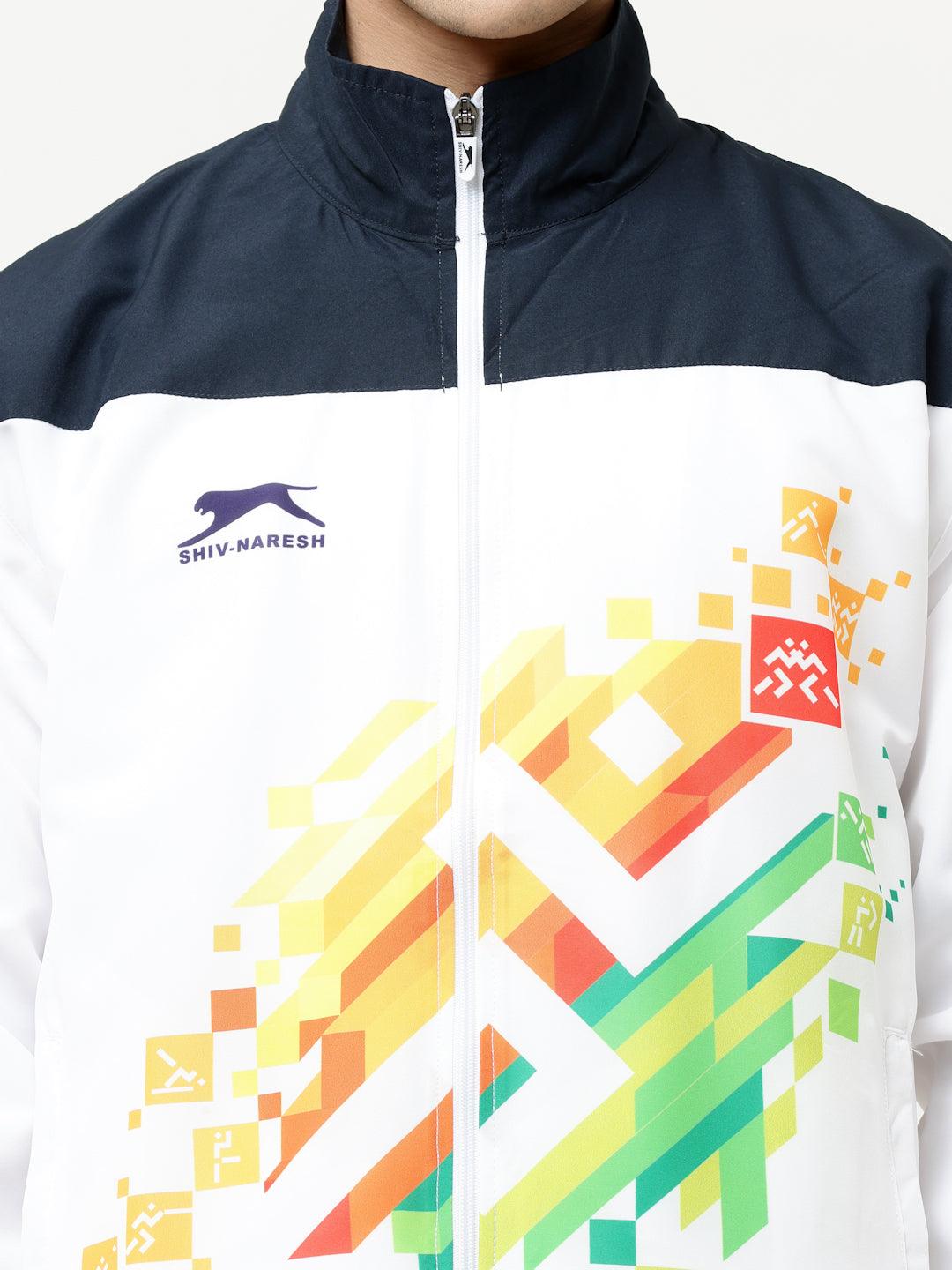 Shiv Naresh Men's Khelo India Polyester Tracksuit (White & Navy Multicolor)