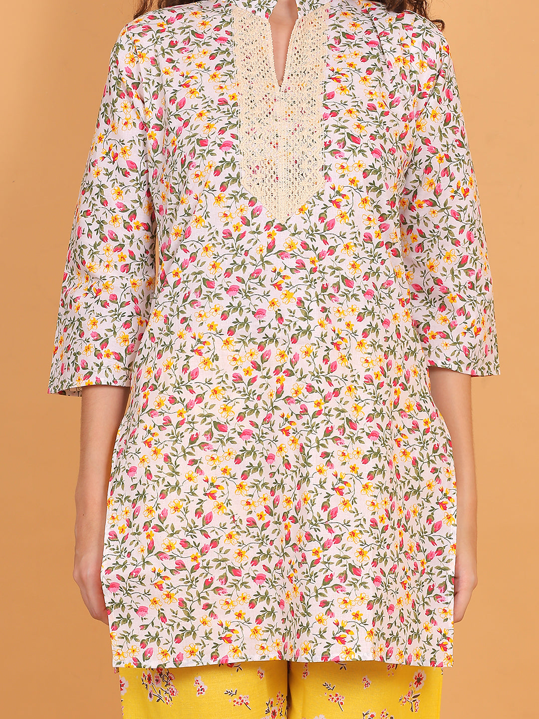 Women Multi Floral Printed Cotton Kurta with Yellow Printed Palazzo & Side Pocket