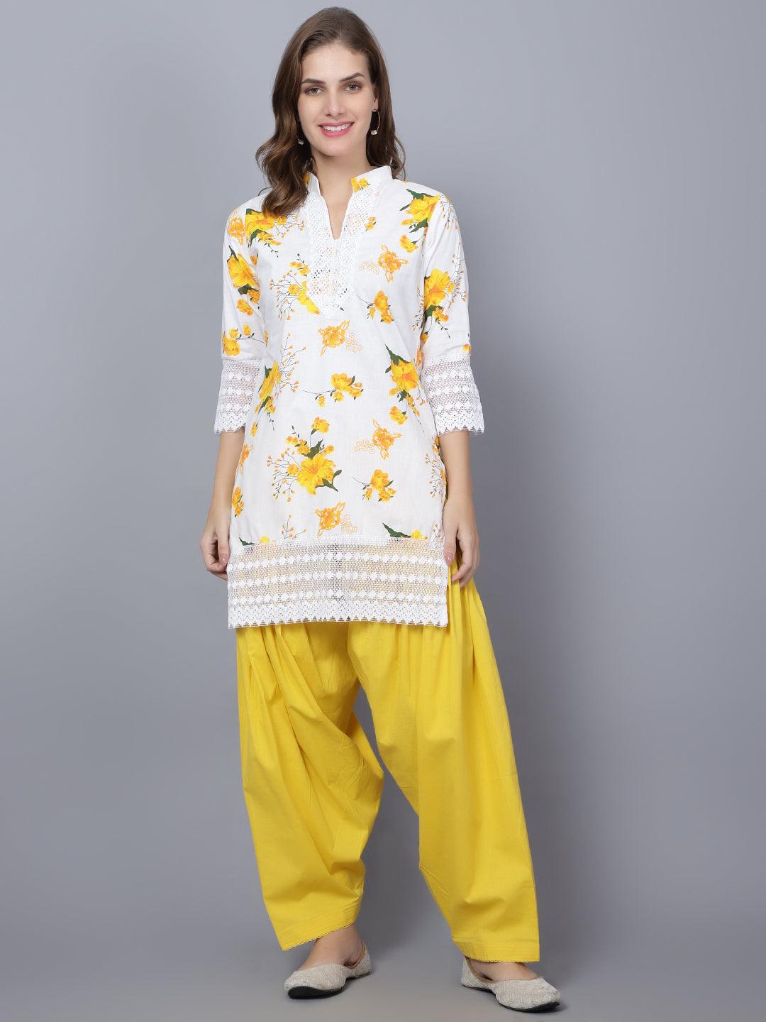 Trendzmy Women Apple Cut Yellow Floral Print Pure Cotton Straight Kurta