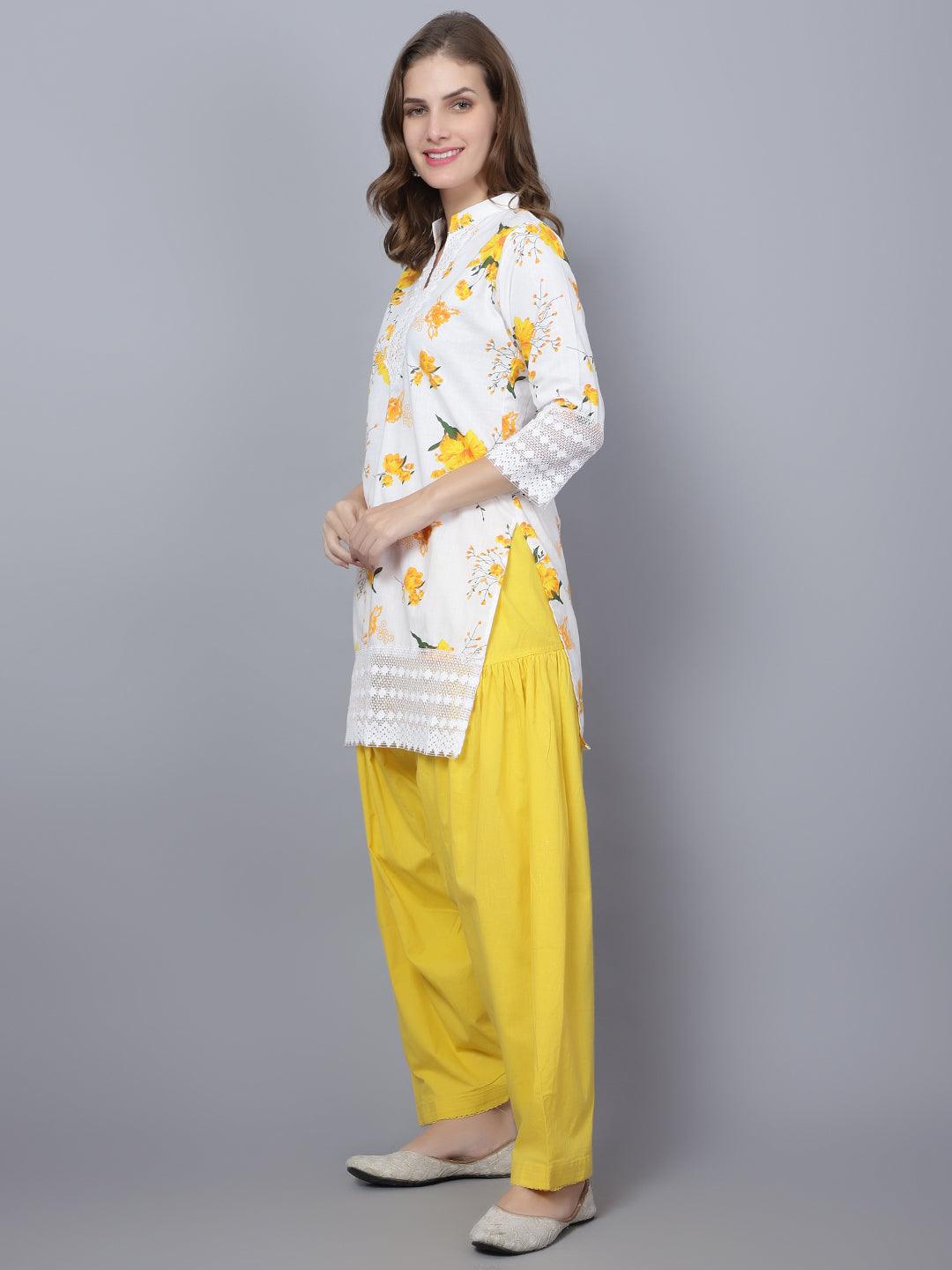 Indian Women Apple Cut Yellow Floral Print Pure Cotton Straight Kurta