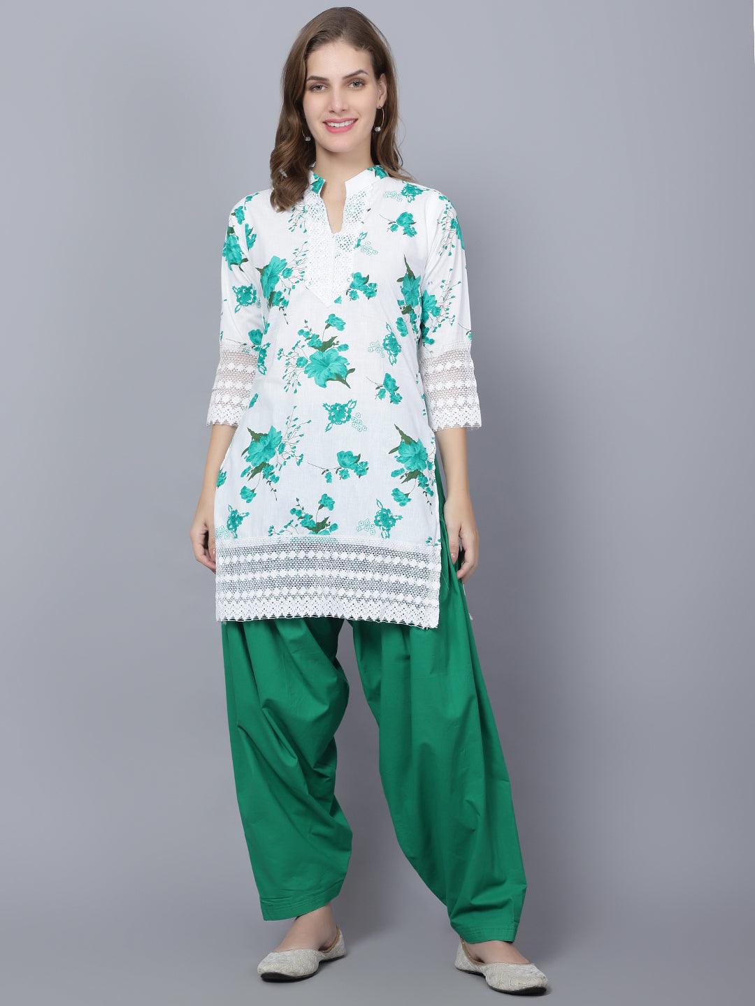Trendzmy Women Apple Cut Green Floral Print Pure Cotton Straight Kurta Salwar Set