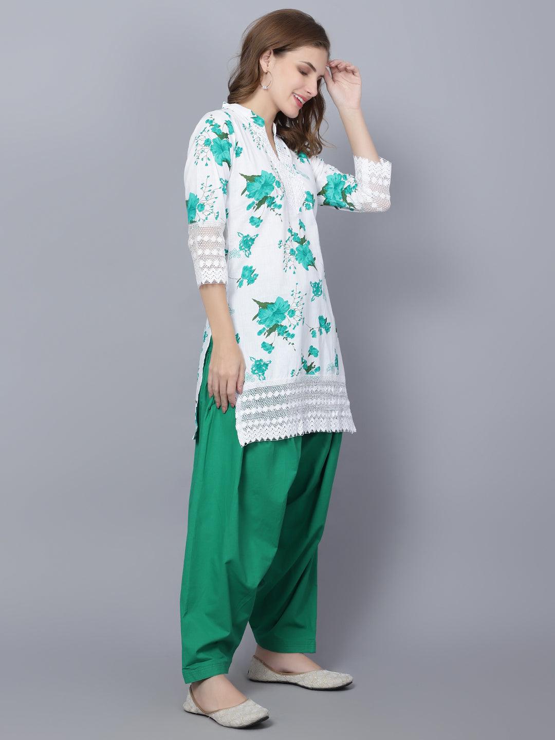 Indian Women Apple Cut Green Floral Print Pure Cotton Straight Kurta