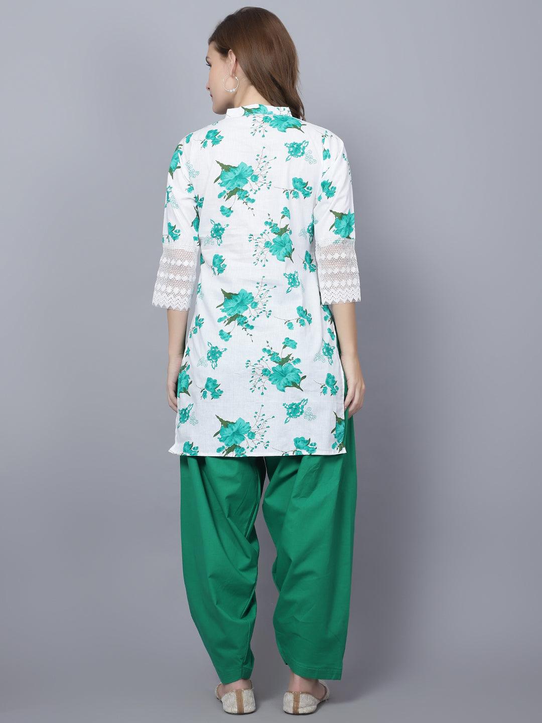 Indian Women Apple Cut Green Floral Print Pure Cotton Straight Kurta
