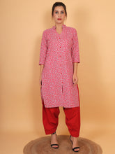 Women Red Floral Printed Cotton Kurti with One Side Pocket
