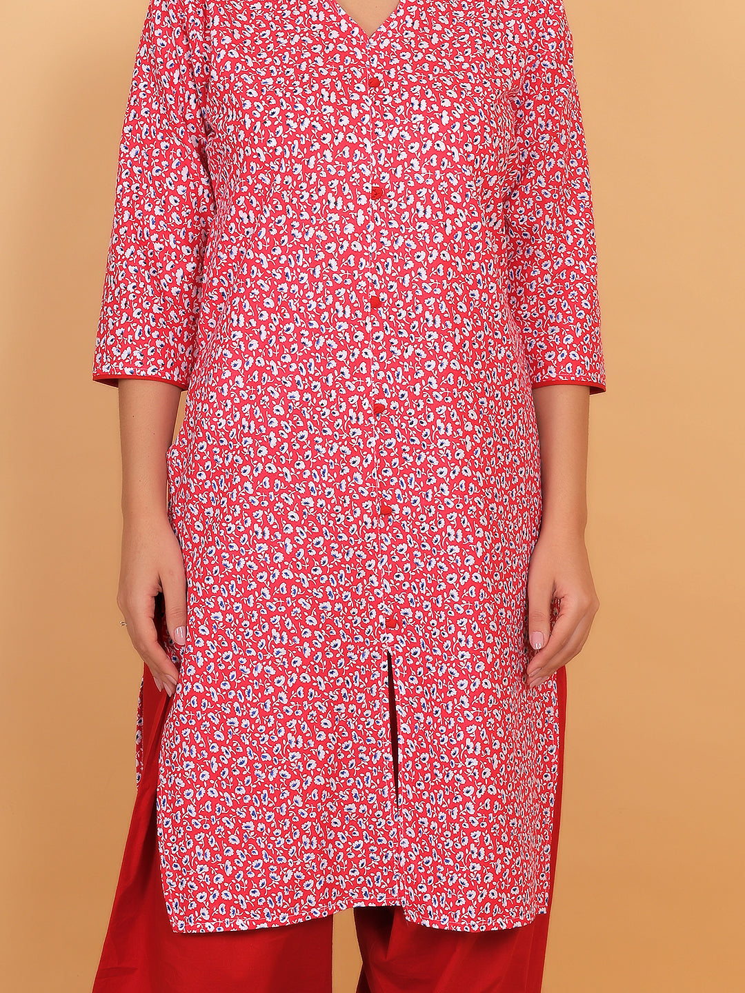 Women Red Floral Printed Cotton Kurti with One Side Pocket