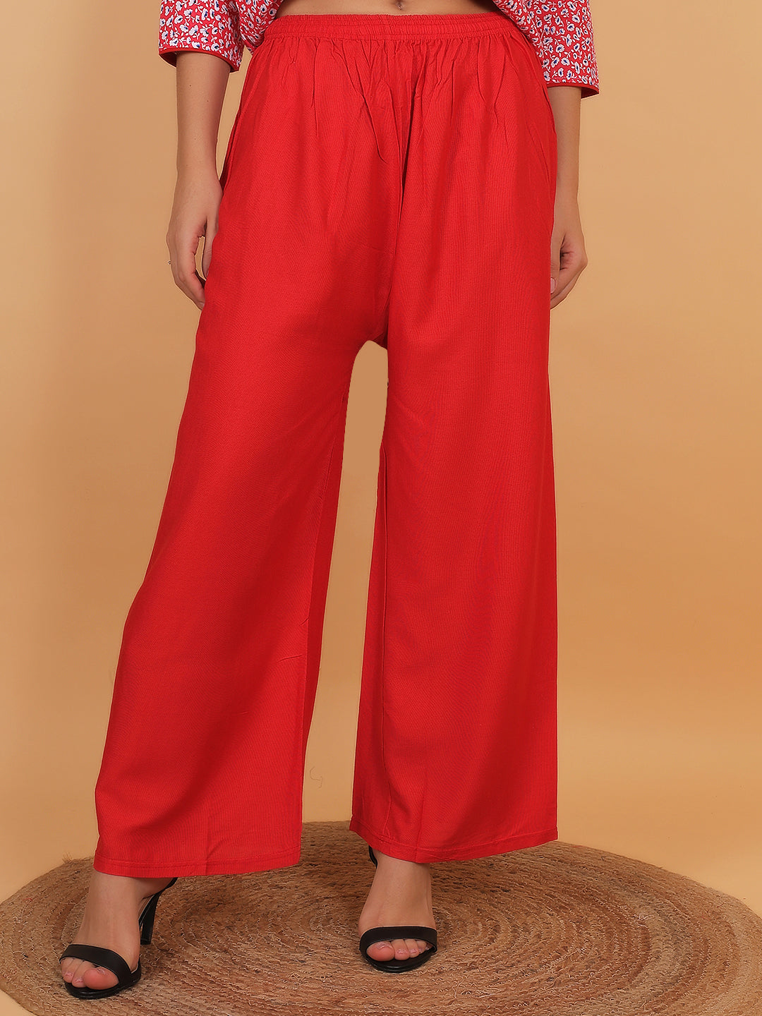 Stylish Red Printed Kurta with Matching Palazzo Set & Side Pockets for Women