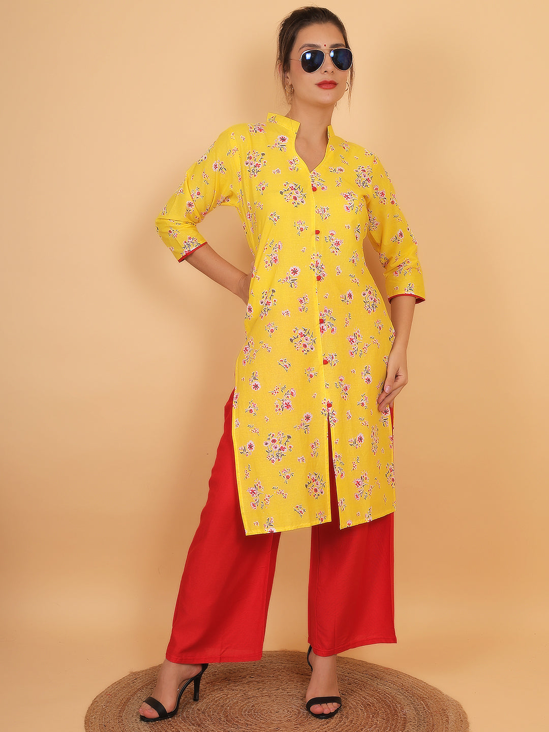 Bright Yellow Floral Printed Kurta with Red Palazzo Set for Women – Stylish Ethnic Outfit with Pockets