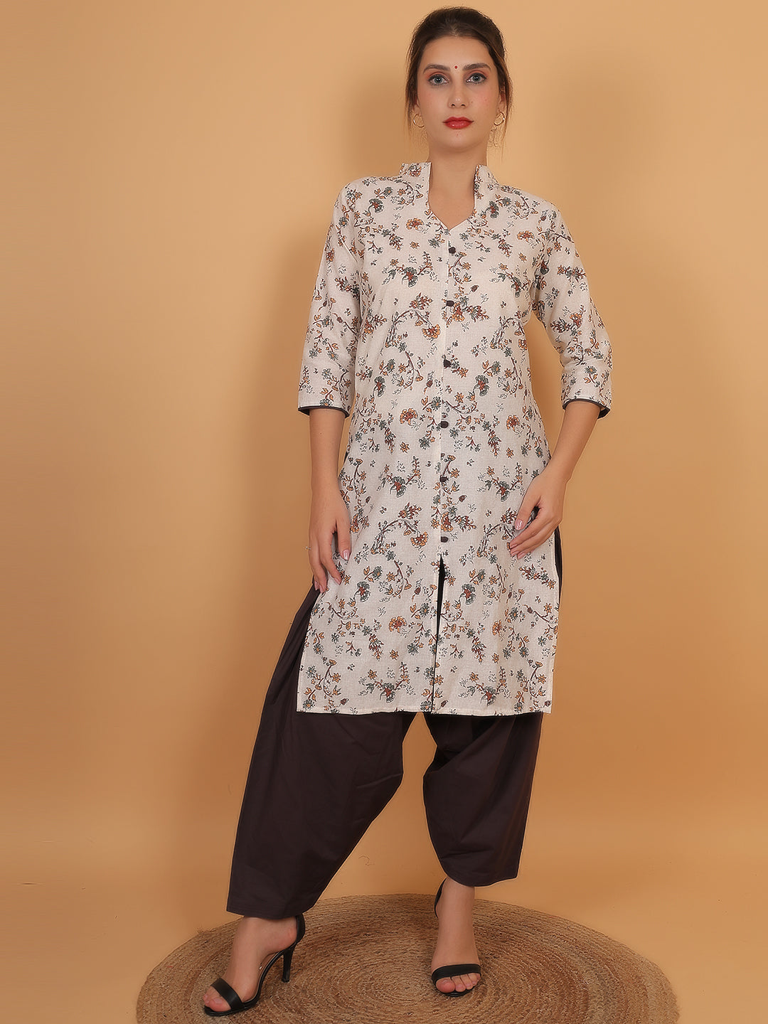 Women Brown Floral Printed Cotton Kurta with One Side Pocket