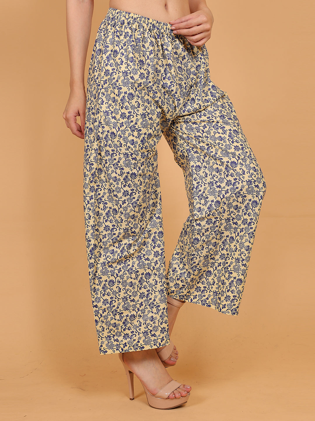 Women's Cream Blue Printed Cotton Palazzo Pants with Pockets – Fits Size L(S to L) and Fits Size XXL (XL to 3XL)