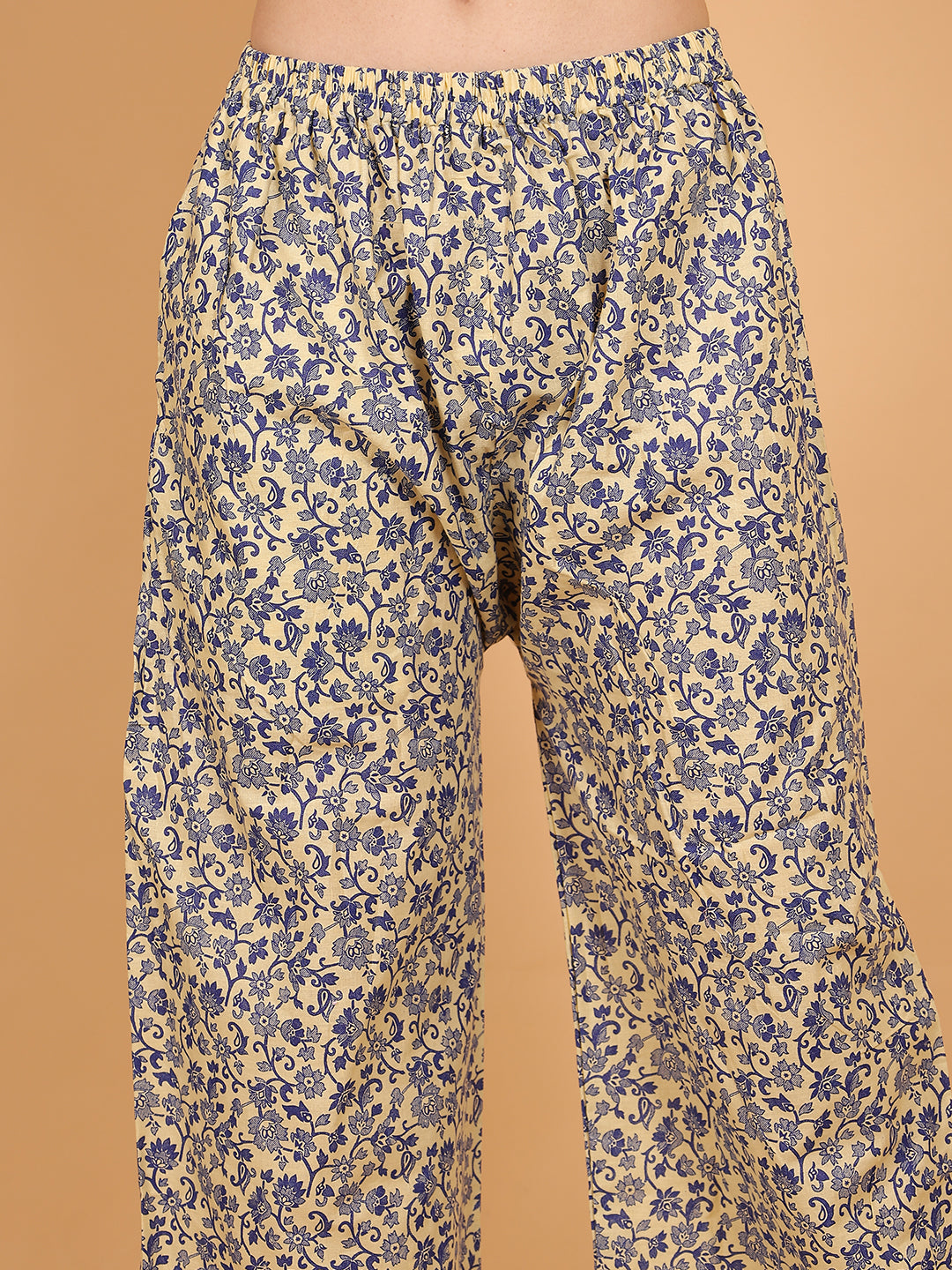 Women's Cream Blue Printed Cotton Palazzo Pants with Pockets – Fits Size L(S to L) and Fits Size XXL (XL to 3XL)