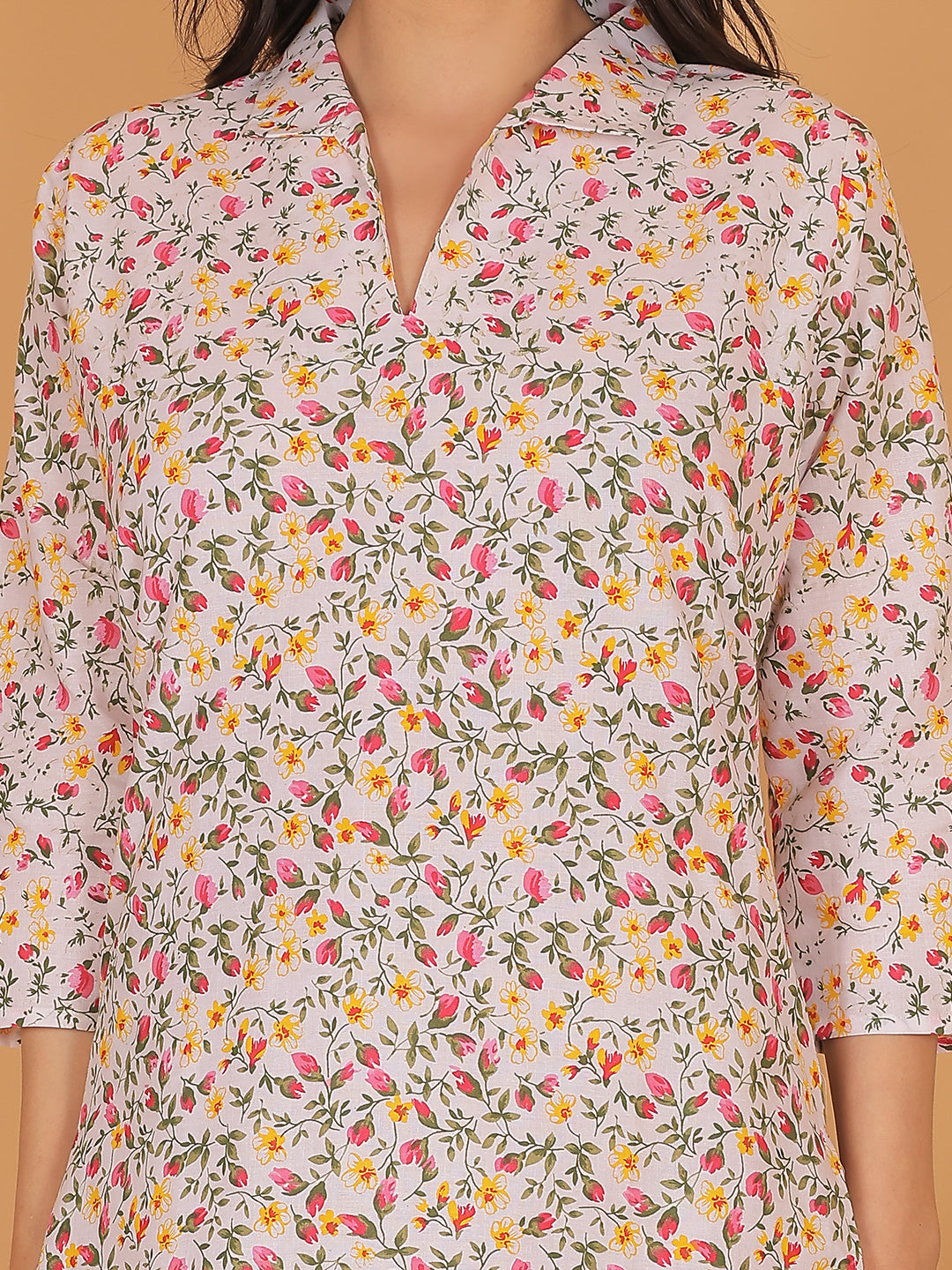 Women White Floral Printed Cotton Coord Set with 3/4 Sleeves
