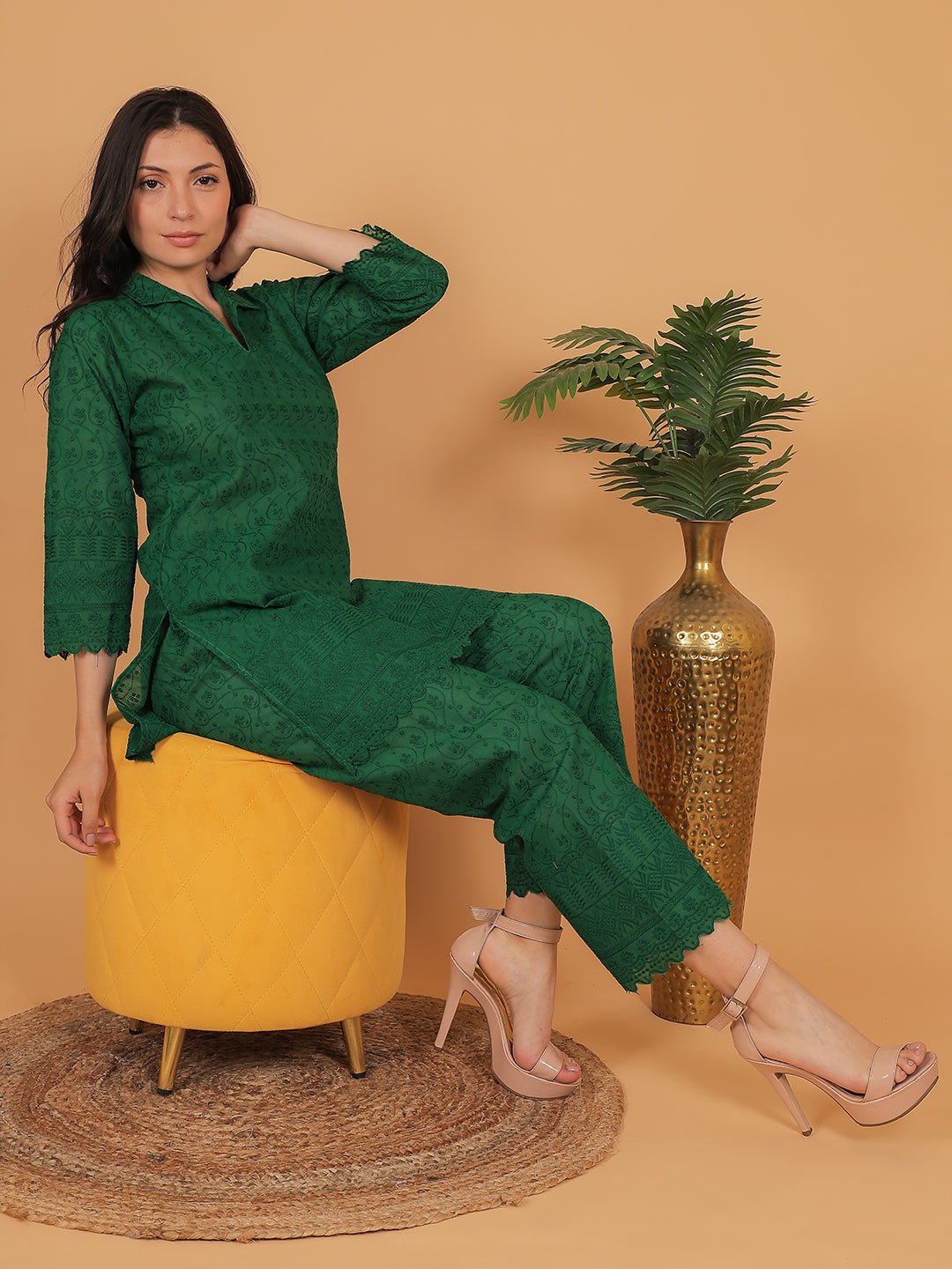 Dark Green Ethnic Chikan Embroidery Cotton Coord Set