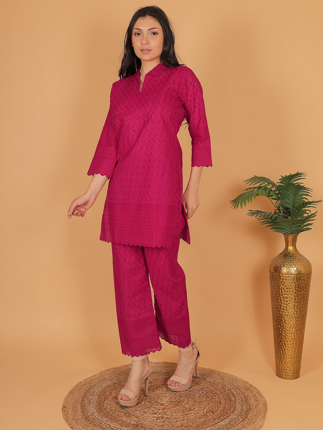 Rani Pink Ethnic Chikan Embroidery Cotton Coord Set