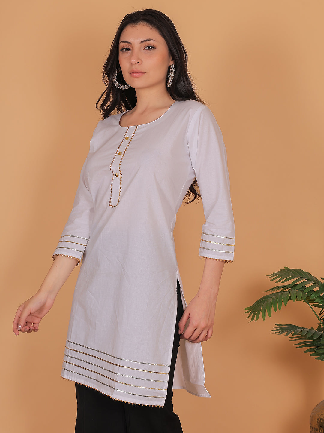 Women White Cotton Straight Kurti with Golden Detailing