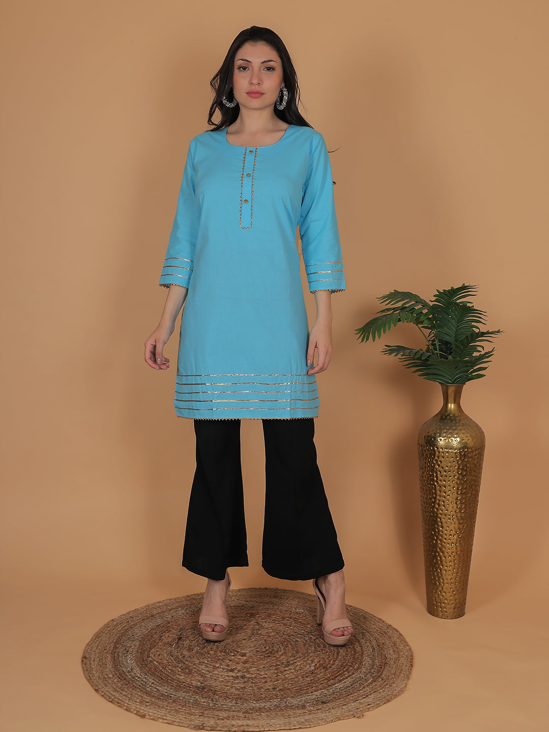 Women Blue Cotton Straight Kurti with Golden Detailing