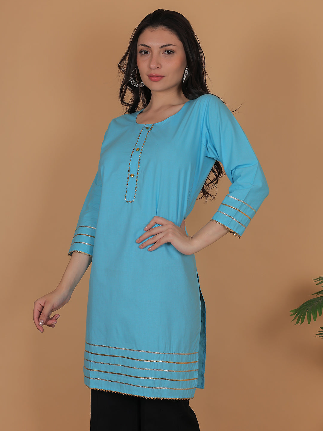 Women Blue Cotton Straight Kurti with Golden Detailing