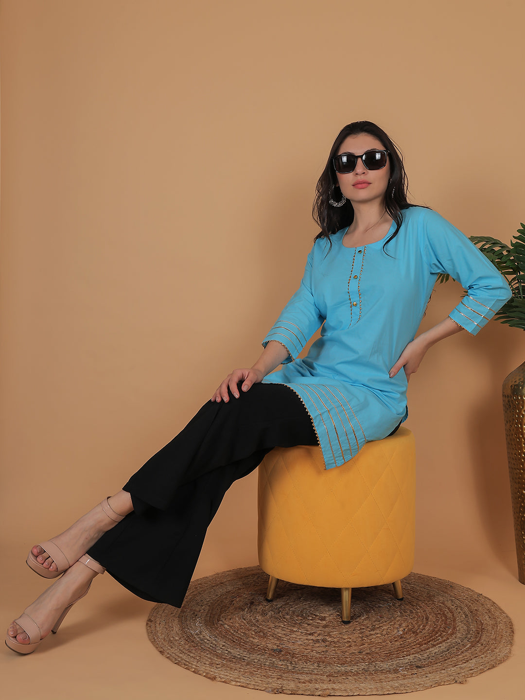 Women Blue Cotton Straight Kurti with Golden Detailing