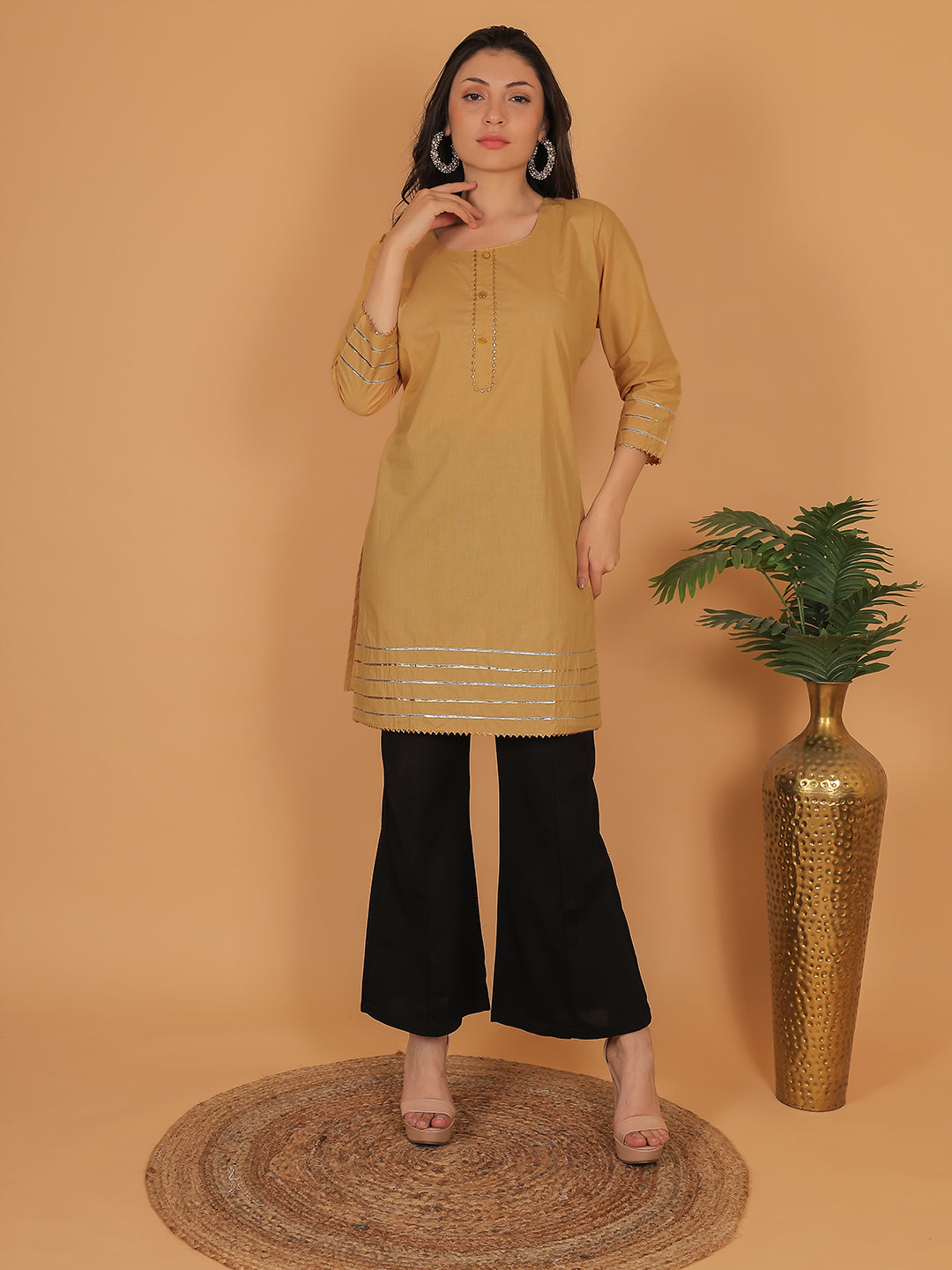 Women Elegant Beige Cotton Kurti with Golden Detailing