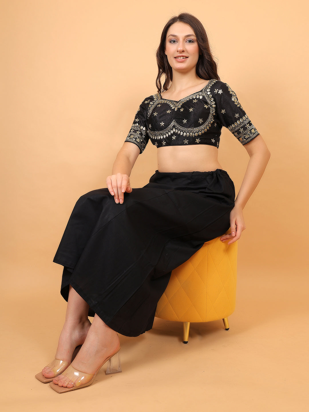 Choli Cut Black Cotton Silk Blouse