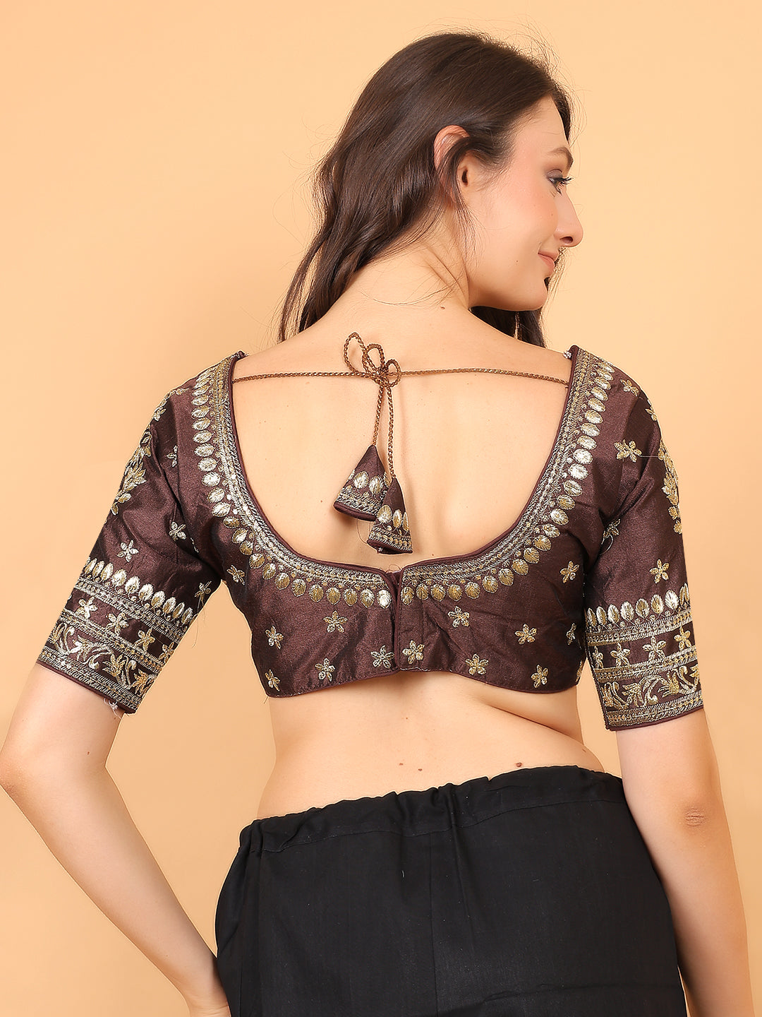 Embroidered Choli Cut Brown Cotton Silk Half Sleeve Blouse