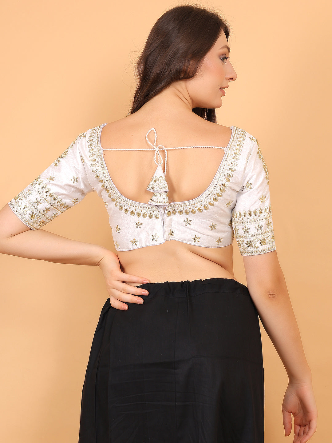 Embroidered Choli Cut White Cotton Silk Half Sleeve Blouse