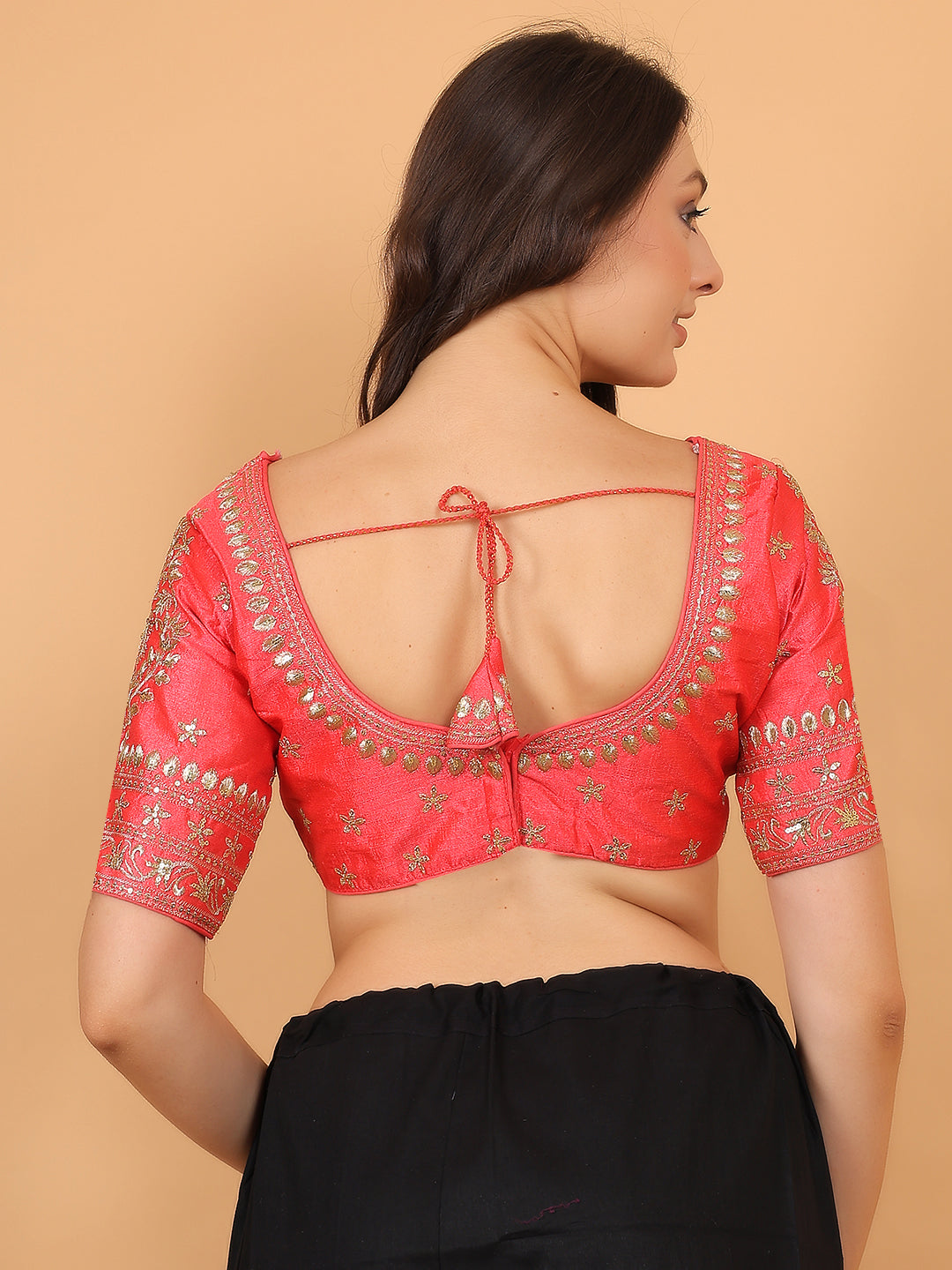 Embroidered Choli Cut Peach Cotton Silk Half Sleeve Blouse