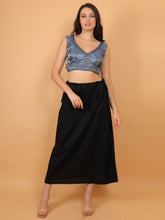 Women Grey V-Neck Sleeveless Embroidered Silk Blouse Blue