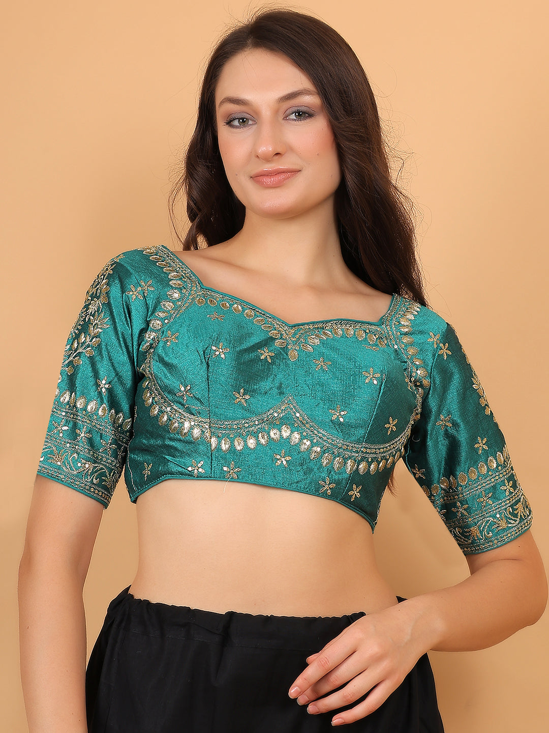 Embroidered Choli Cut Rama Green Cotton Silk Half Sleeve Blouse