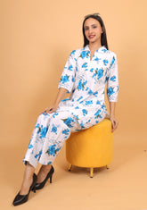 Women Blue Floral Printed Cotton Coord Set with 3/4 Sleeves