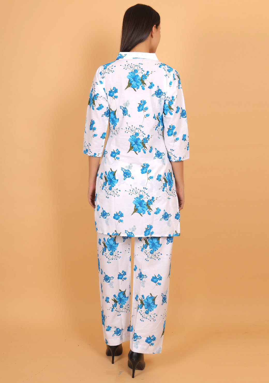 Women Blue Floral Printed Cotton Coord Set with 3/4 Sleeves