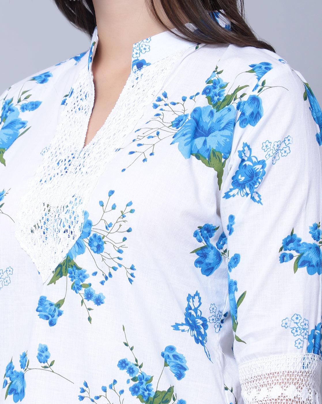 Trendzmy Women Apple Cut Blue Floral Print Pure Cotton Straight Kurta