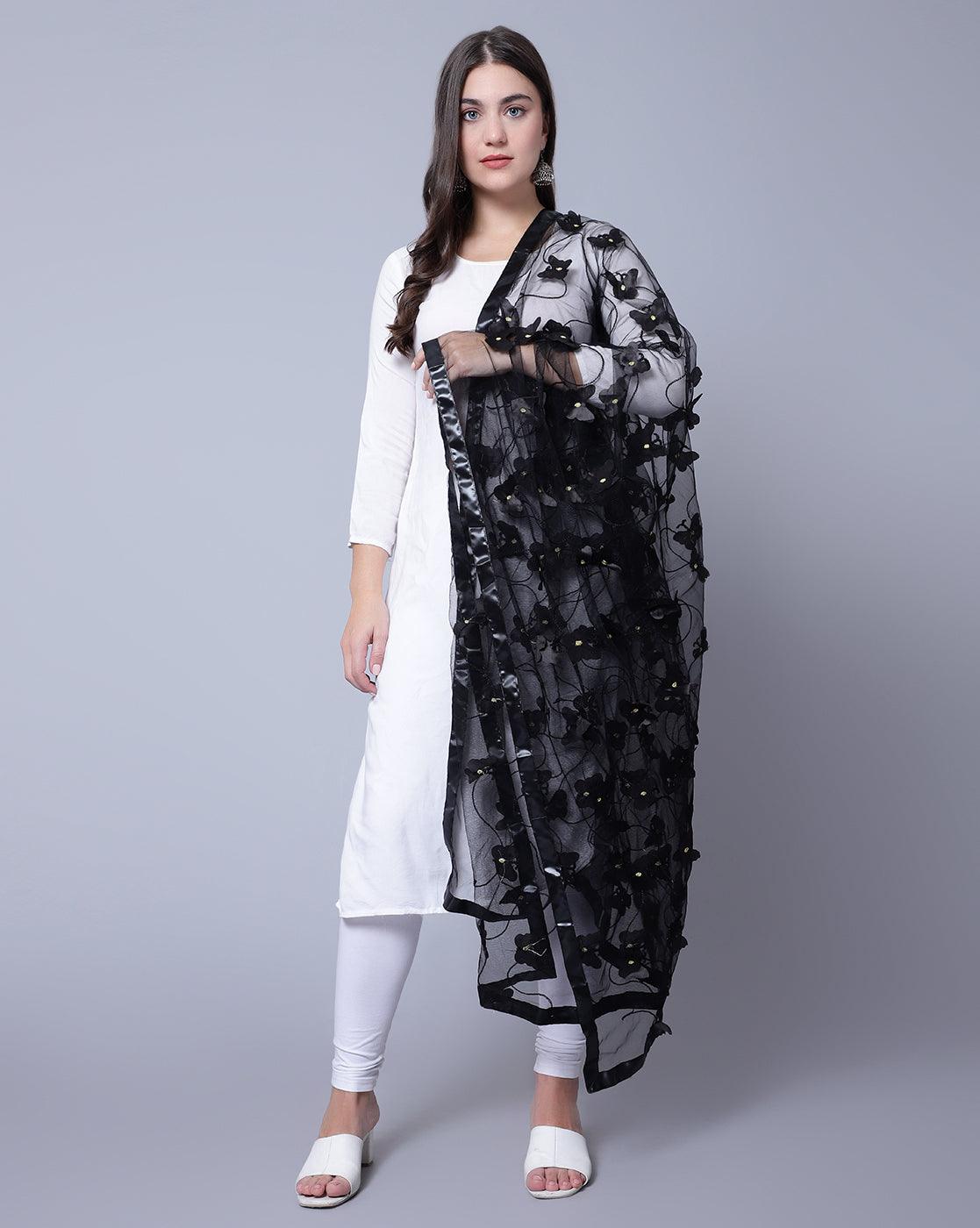 Net Self Design Butterfly Black Women Dupatta Default Title
