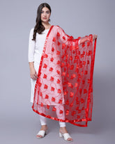 Net Self Design Butterfly Red Women Dupatta Default Title