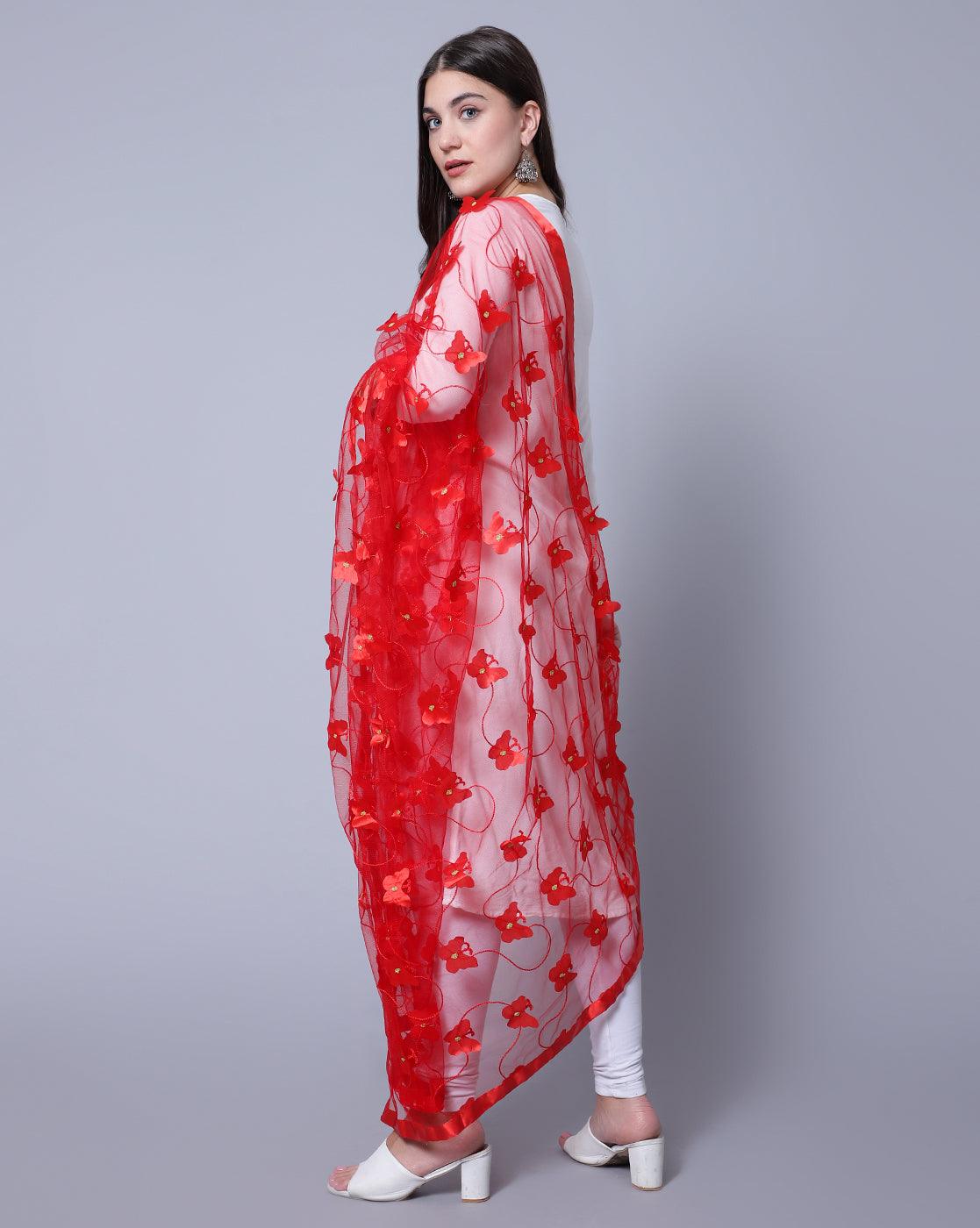 Net Self Design Butterfly Red Women Dupatta