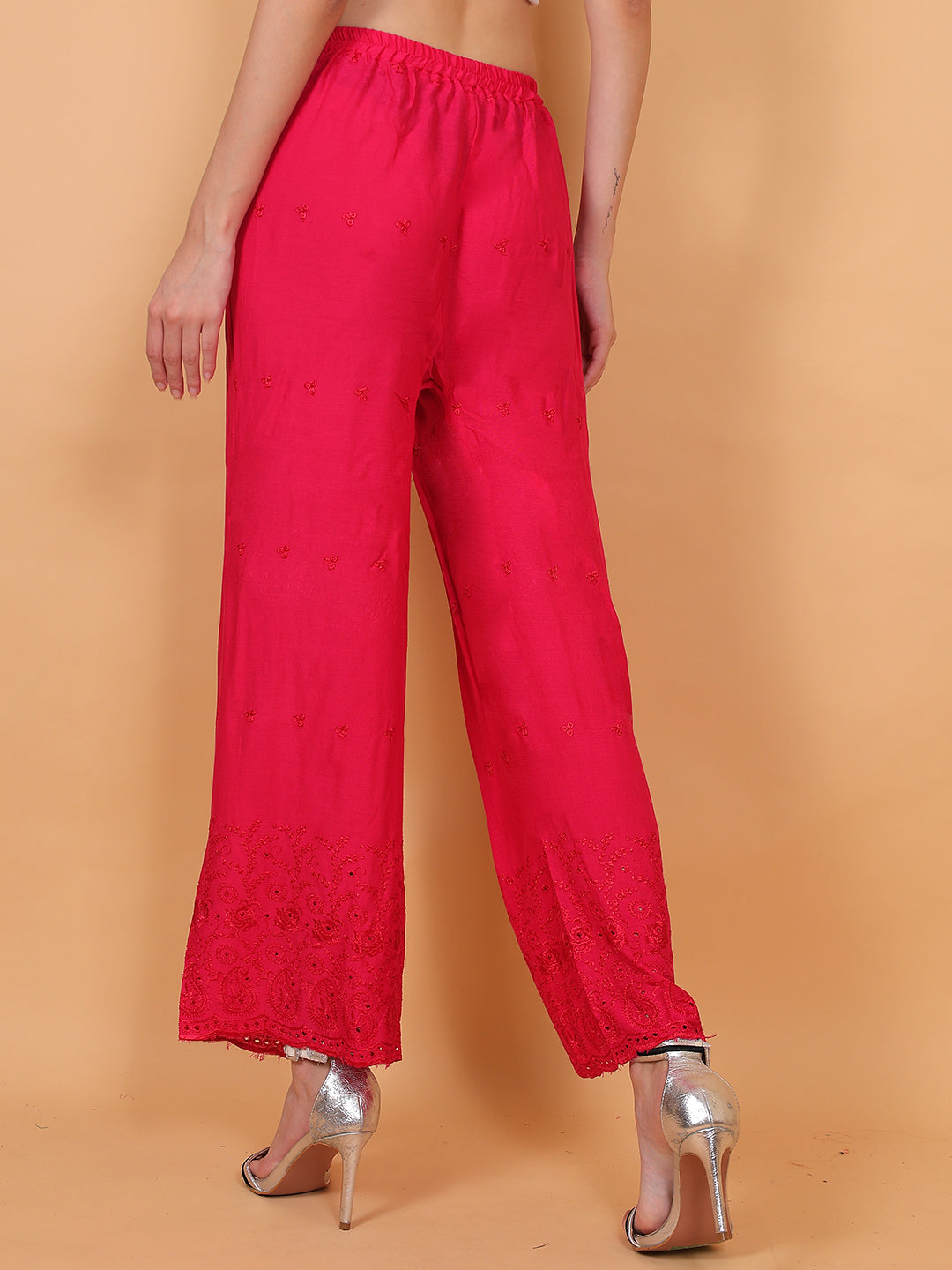 Woman's Rani Pink Reyon Chiken Embroidery Plazzo