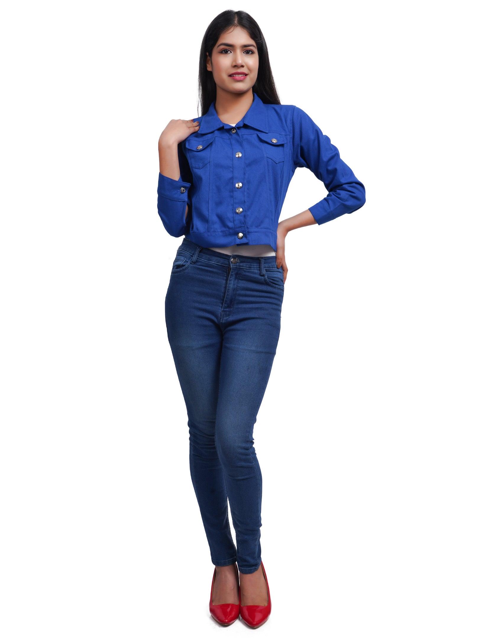 Full Sleeve Blue Solid Women Jacket
