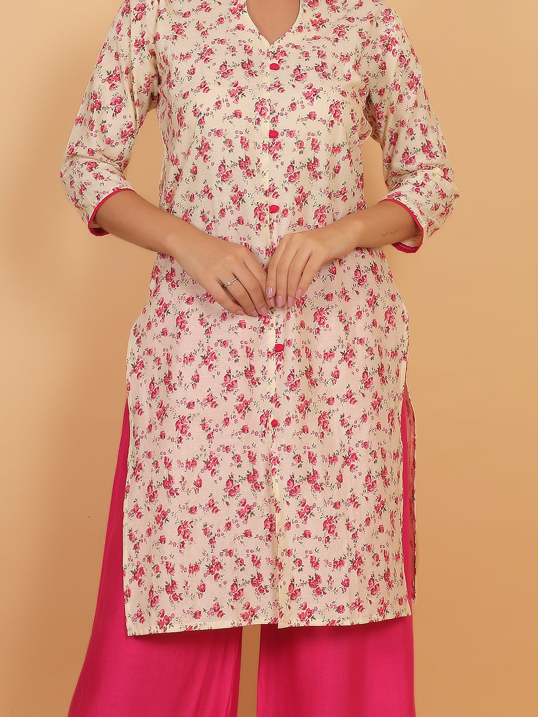 Bright Cream Floral Printed Kurta with Pink Palazzo Set for Women – Stylish Ethnic Outfit with Pockets