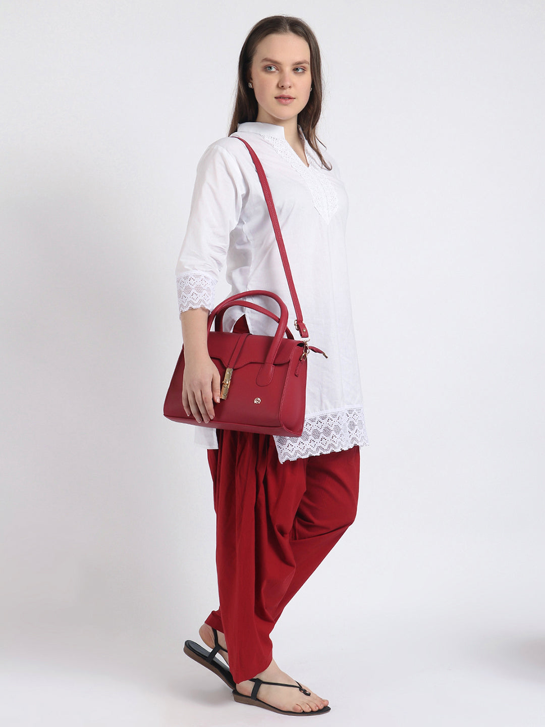 Women Solid White Kurta and Maroon Salwar Set Pure Cotton