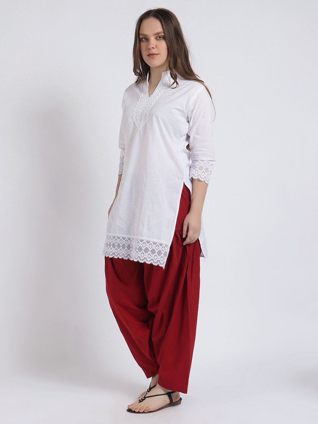 Women Solid White Kurta and Maroon Salwar Set Pure Cotton