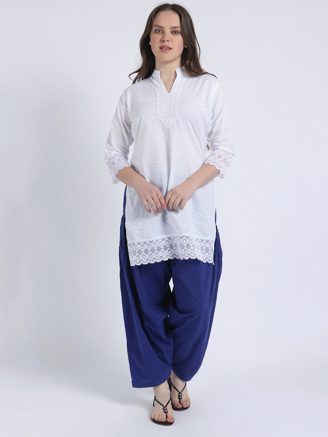Women Solid White Kurta and Blue Salwar Set Pure Cotton