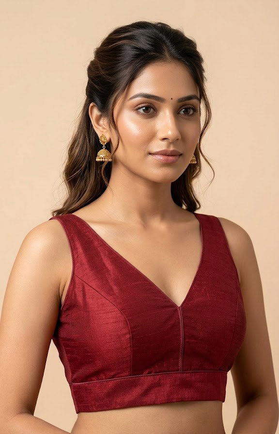 Women's Raw Silk Sleeveless Blouse - Deep V-Neck Saree blouse Maroon