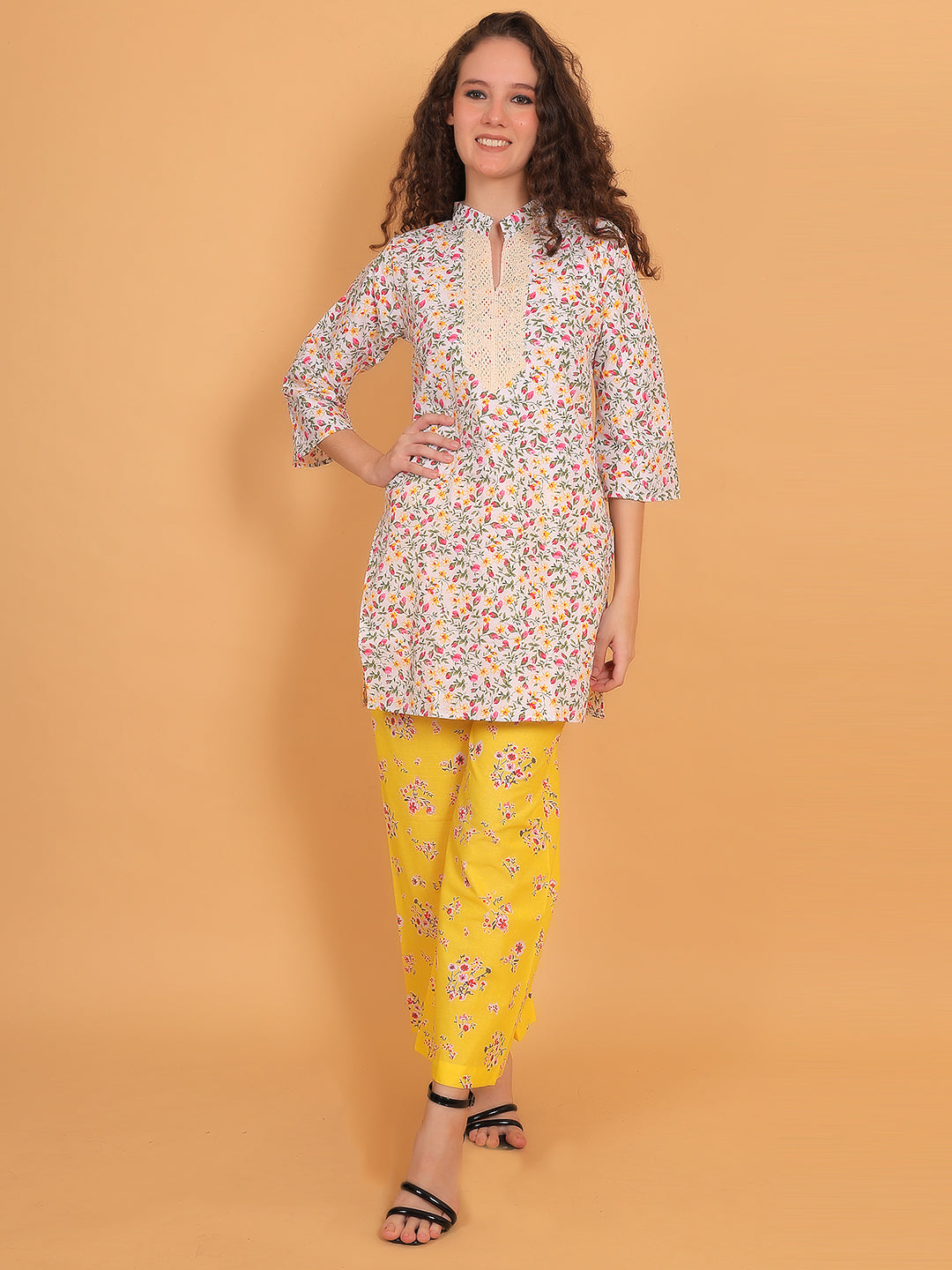 Women Multi Floral Printed Cotton Kurta with Yellow Printed Palazzo & Side Pocket