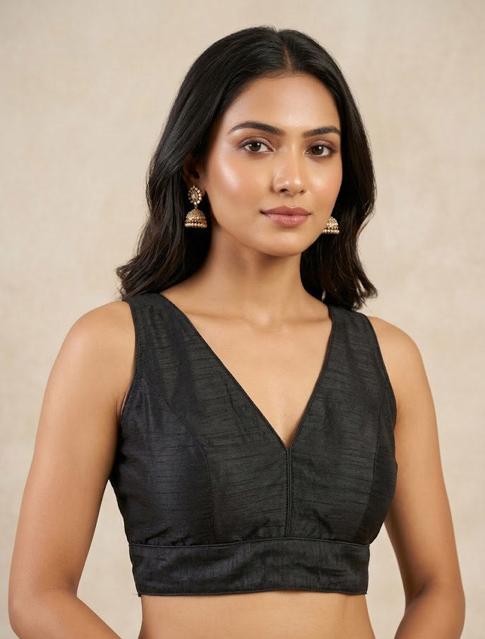 Women's Raw Silk Sleeveless Blouse - Deep V-Neck Saree blouse Black