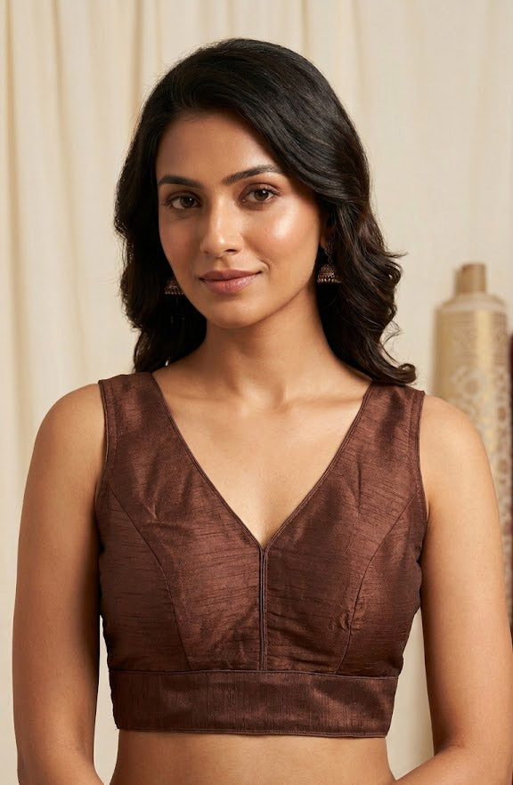 Women's Raw Silk Sleeveless Blouse - Deep V-Neck Saree blouse Brown