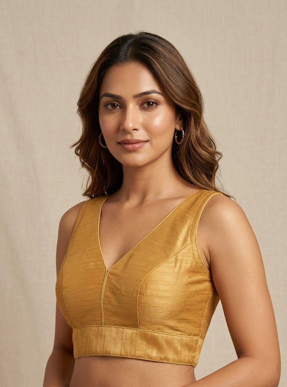 Women's Raw Silk Sleeveless Blouse - Deep V-Neck Saree blouse Beige