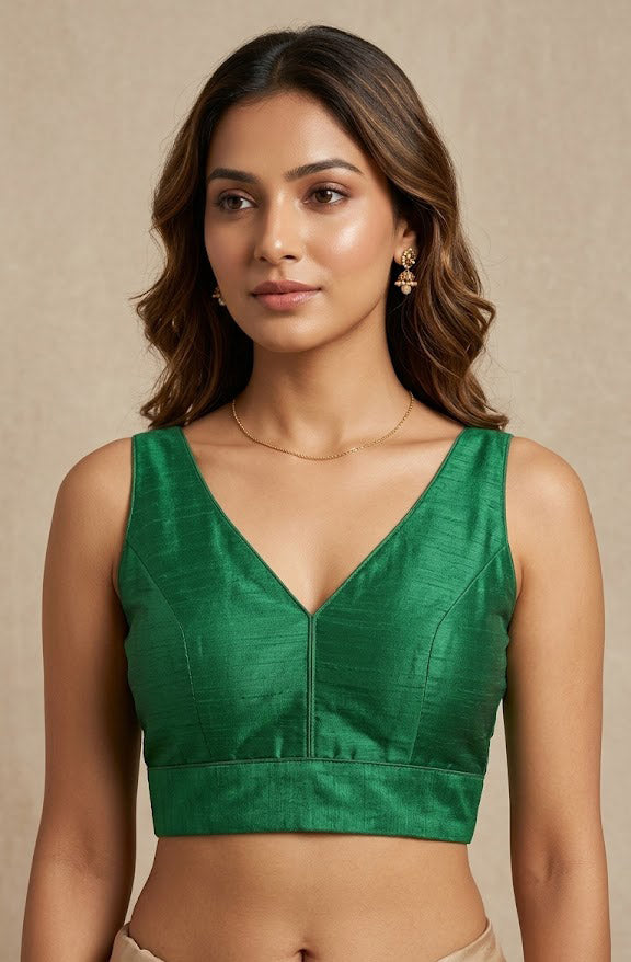 Women's Raw Silk Sleeveless Blouse - Deep V-Neck Saree blouse Dark Green