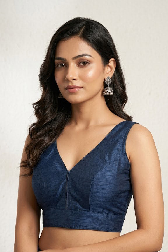 Women's Raw Silk Sleeveless Blouse - Deep V-Neck Saree blouse navy