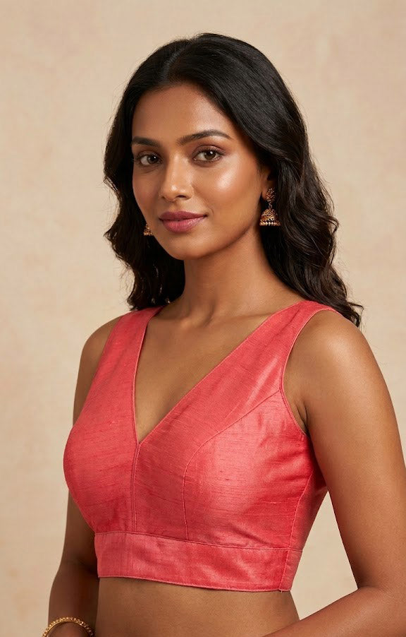 Women's Raw Silk Sleeveless Blouse - Deep V-Neck Saree blouse Pink